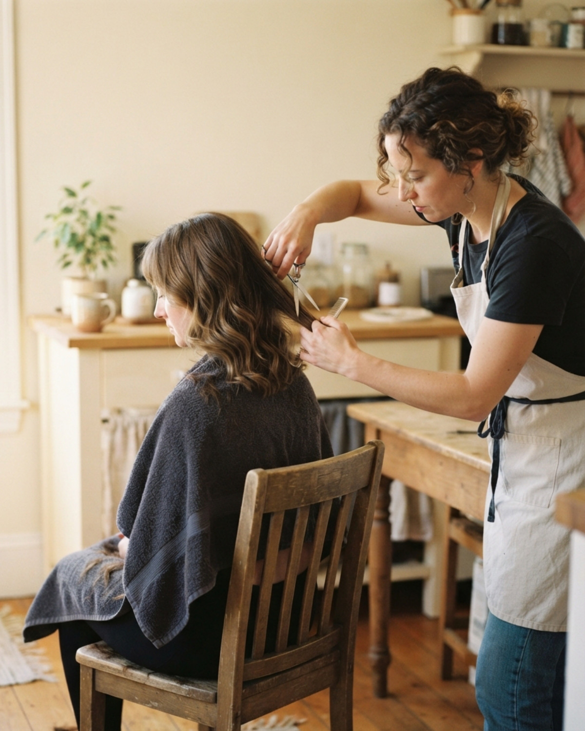 A stylist cutting a woman's hair as she sits on a wooden dining chair in her own kitchen, morning light coming through the window.