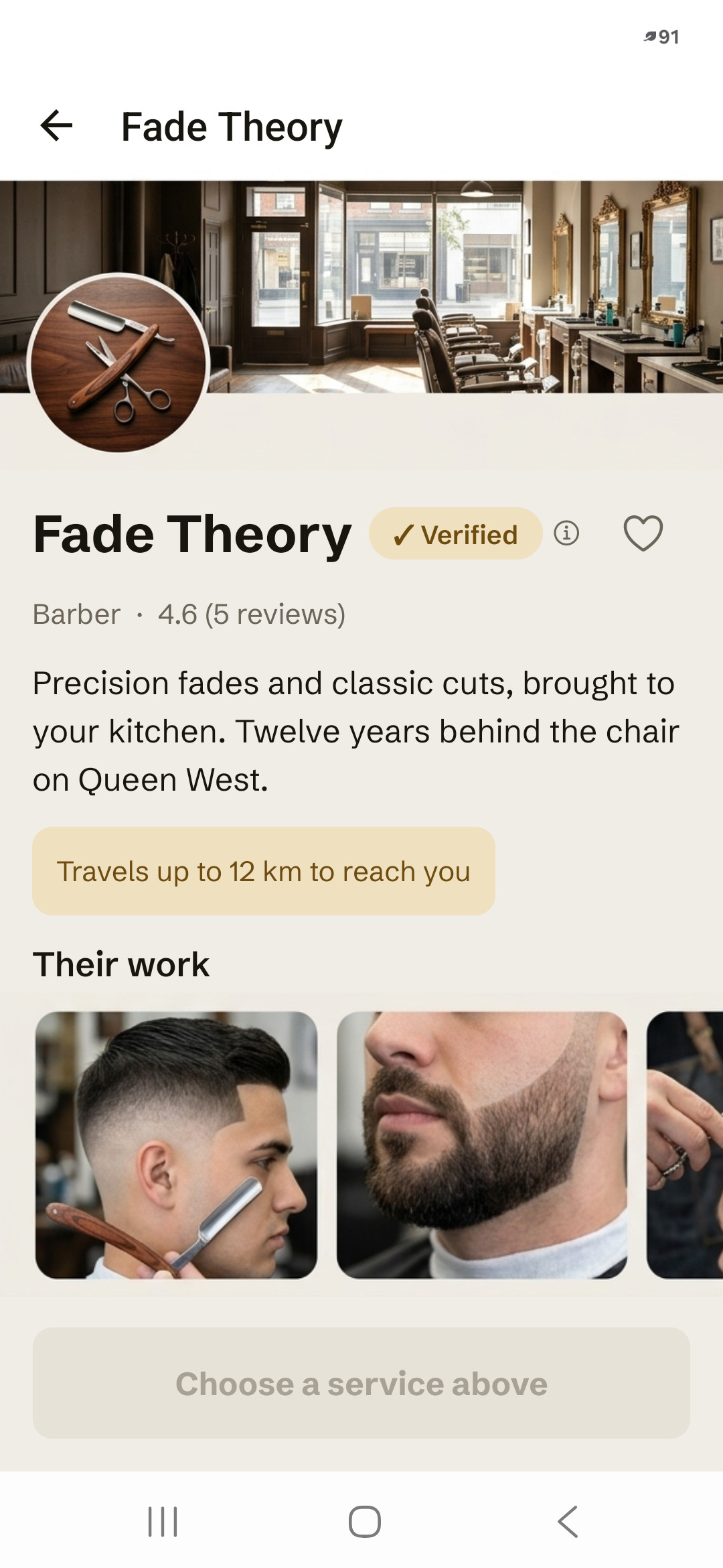 A professional's page in the Doorcut app, showing their gallery of work, services with prices, and customer reviews.