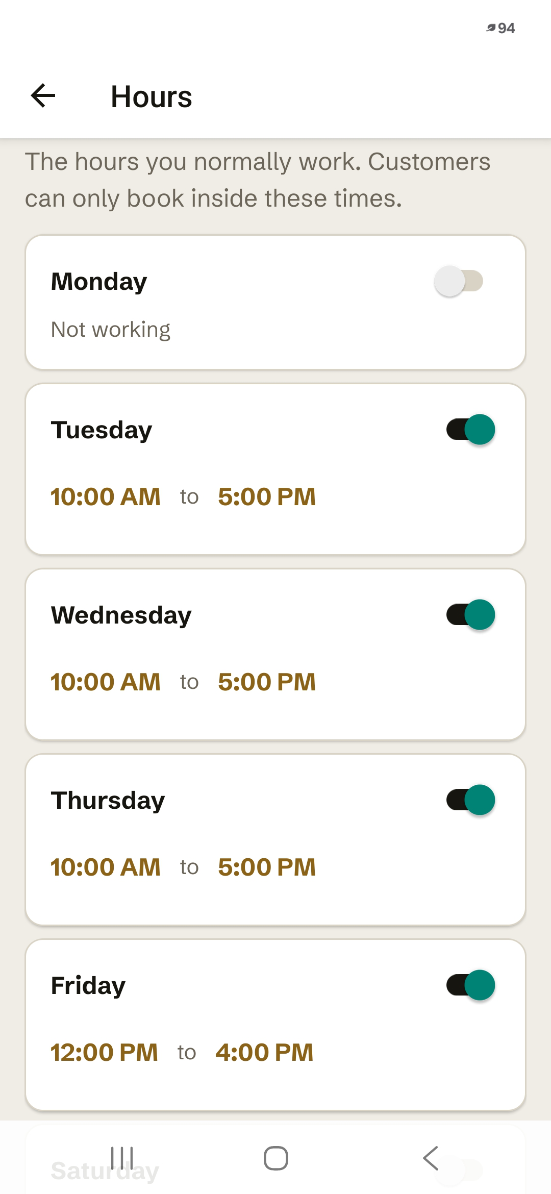 The Doorcut hours screen, showing weekly working hours and a preview of bookable slots.