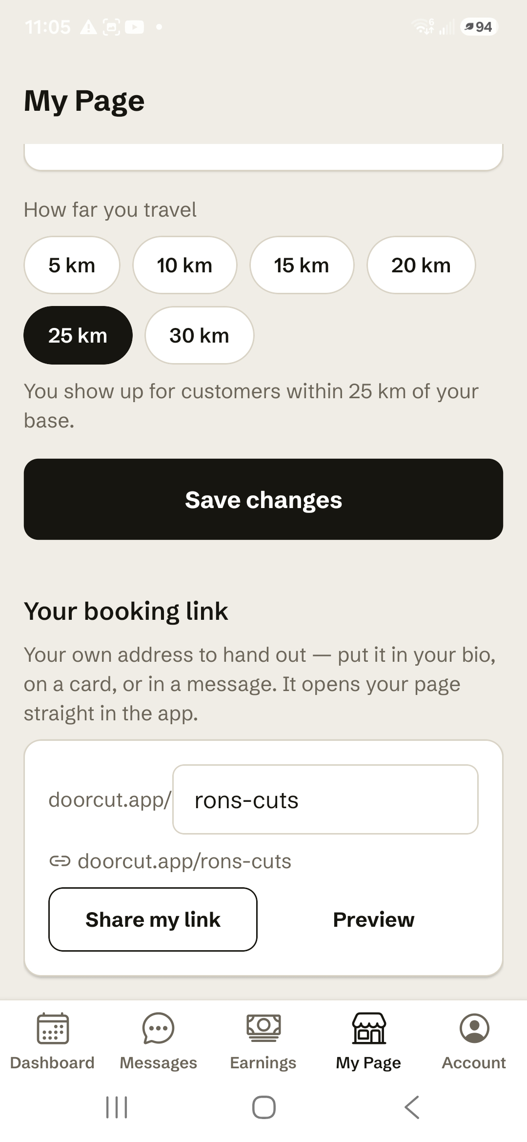 A provider's page in the Doorcut app, showing their personal booking link.